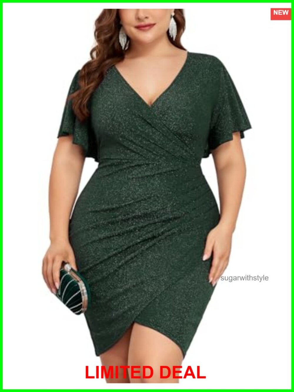 Plus Size Glitter Sequin Bodycon Mini Dress Ruffle Sleeve Party